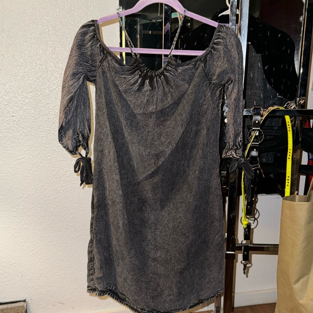 Stonewashed black faded denim dress